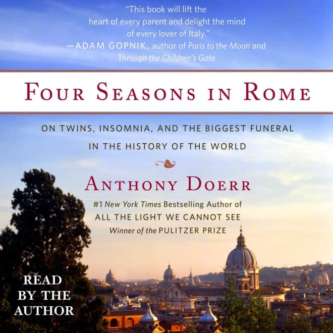 Book cover for Four Seasons in Rome by Anthony Doerr with summer sale banner