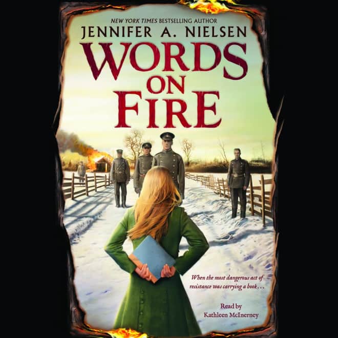 Book cover for Words on Fire by Jennifer A. Nielsen with featured deal banner