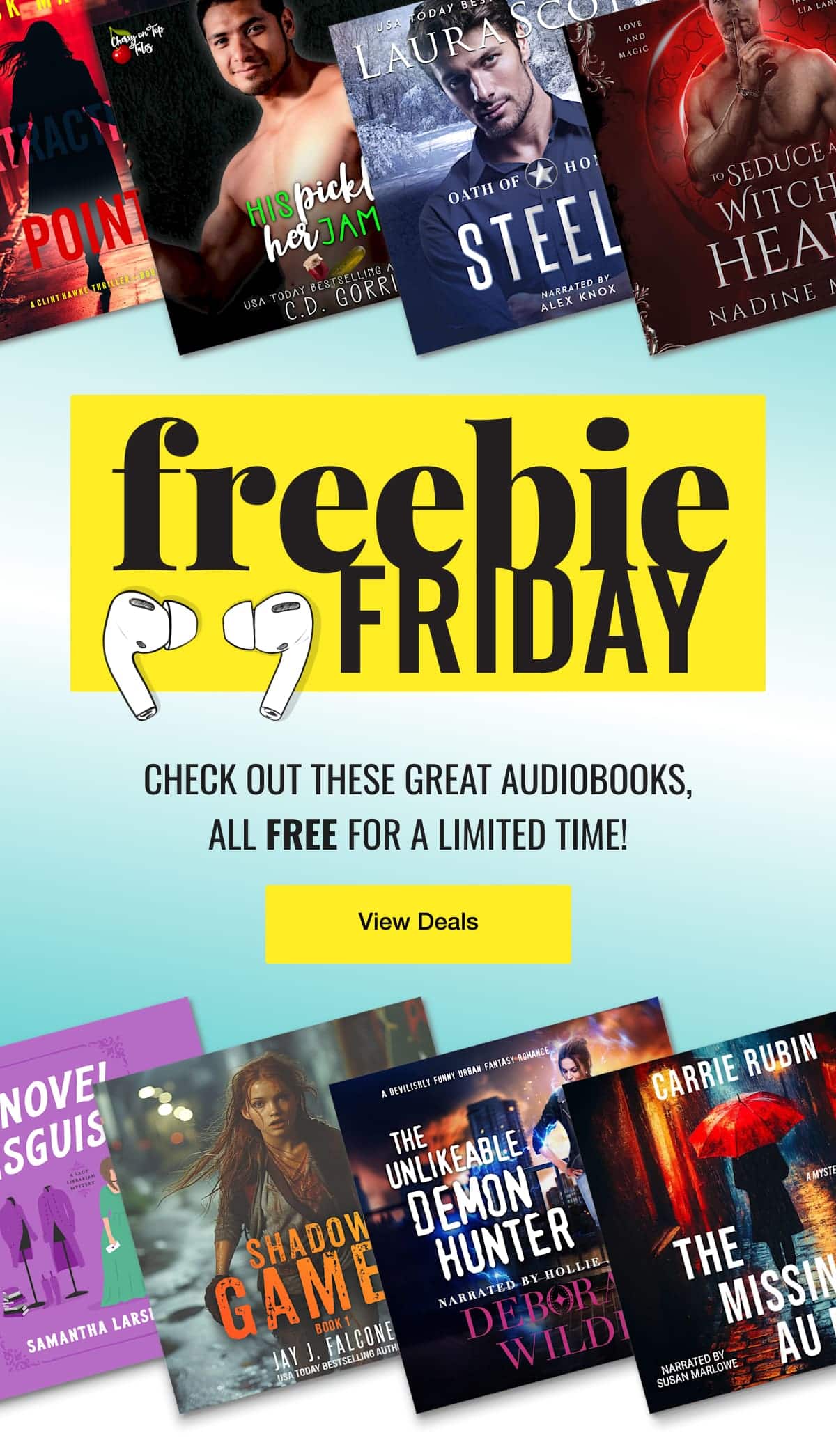 Check out free deals for these books: Extraction Point (A Clint Hawke Action Thriller—Book 1) by Jack Mars; His Pickle Her Jam by C.D. Gorri; Steele by Laura Scott; To Seduce a Witch's Heart by Nadine Mutas; A Novel Disguise by Samantha Larsen; Shadow Games (Book 1) by Jay J. Falconer; The Unlikeable Demon Hunter by Deborah Wilde; The Missing Au Pair by Carrie Rubin!