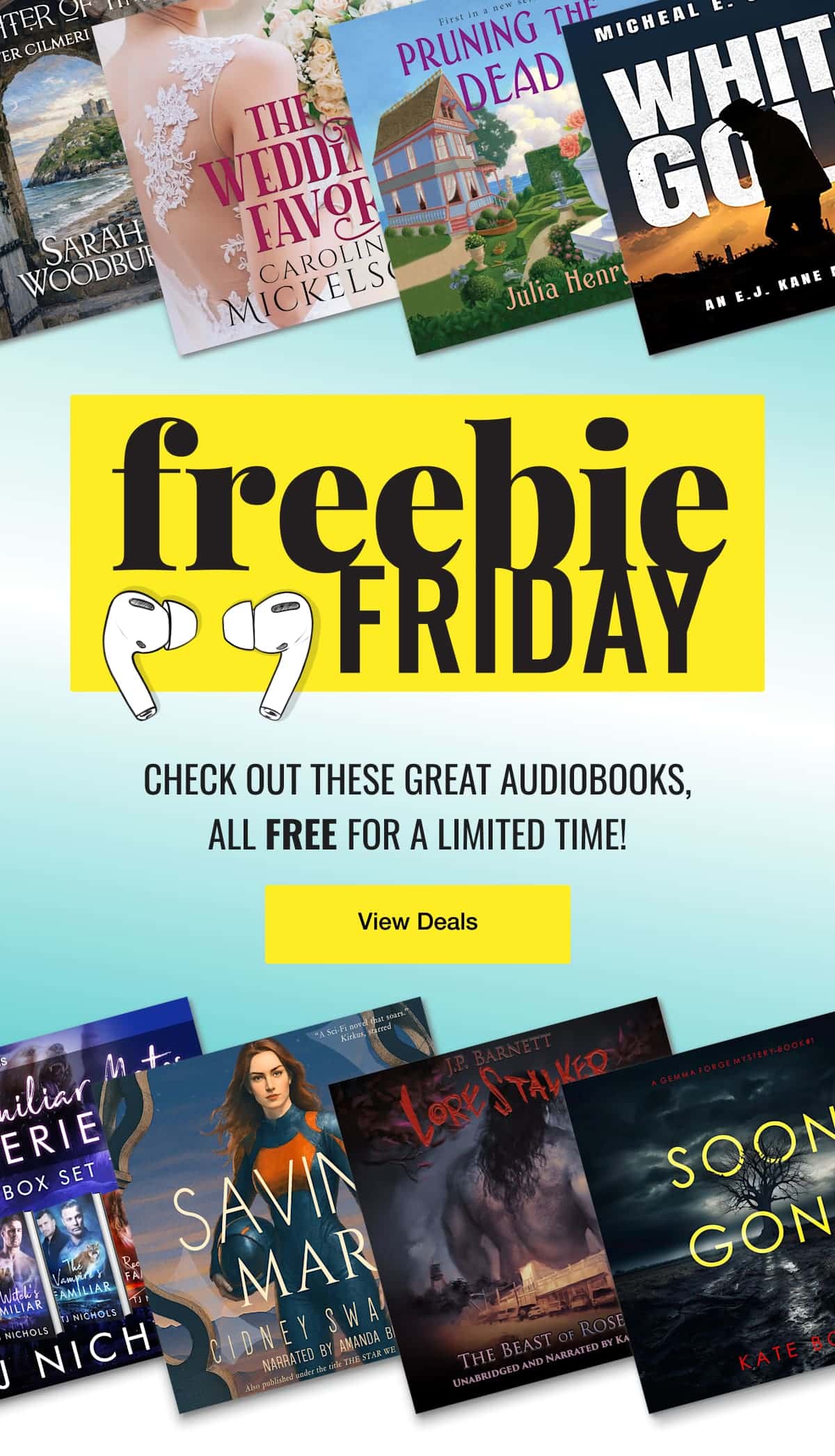 Check out free deals for these books: Daughter of Time by Sarah Woodbury; The Wedding Favor by Caroline Mickelson; Pruning the Dead by Julia Henry; White Gold by Micheal E. Jimerson; Familiar Mates Omnibus by TJ Nichols; Saving Mars by Cidney Swanson; The Beast of Rose Valley by J.P. Barnett; Soon Gone (A Gemma Forge FBI Suspense Thriller—Book One) by Kate Bold!