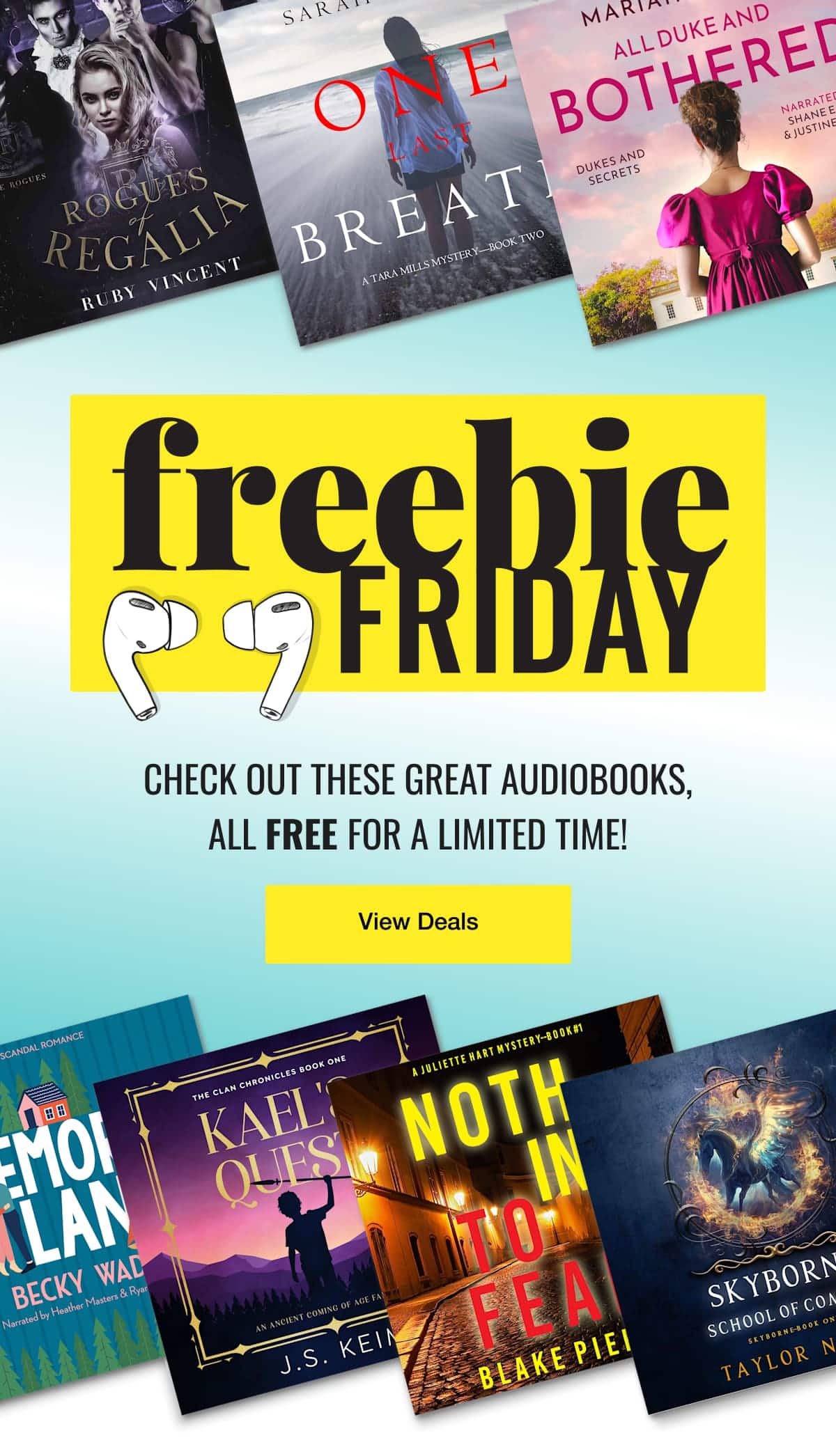 Check out free deals for these books: Rogues of Regalia by Ruby Vincent; One Last Breath (A Tara Mills Mystery––Book Two) by Sarah Sutton; All Duke and Bothered by Mariah Stone; Memory Lane by Becky Wade; Kael's Quest by J. S. Keim; Nothing to Fear (A Juliette Hart FBI Suspense Thriller—Book One) by Blake Pierce; Skyborne: School of Combat (Skyborne Series—Book One) by Taylor Night!