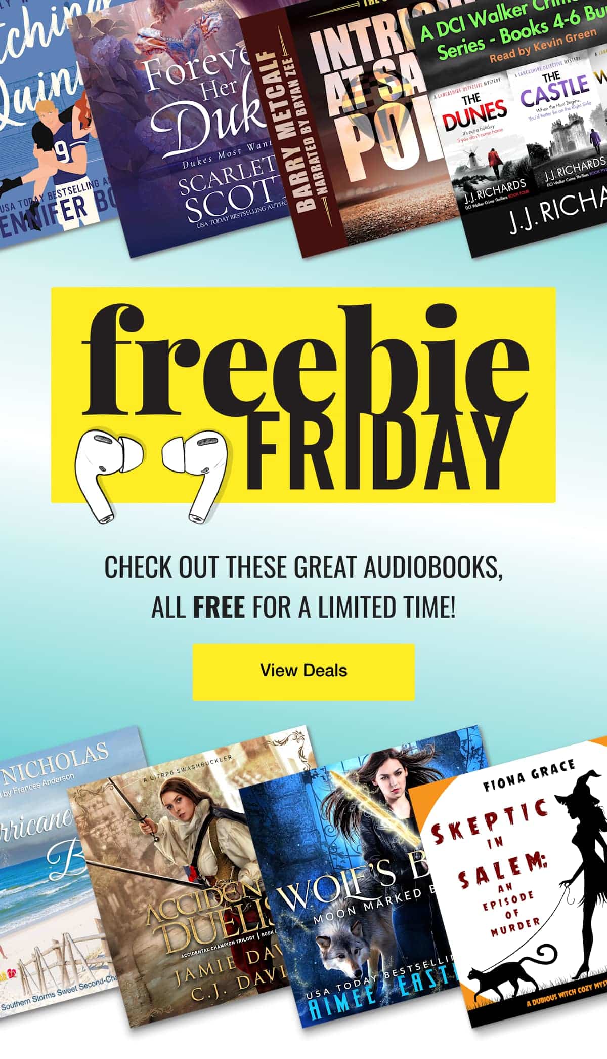 Check out free deals for these books: Catching Quinn by Jennifer Bonds; Forever Her Duke by Scarlett Scott; Intrigue at Sandy Point by Barry Metcalf; The DCI Walker Collection Books 4-6 by J. J. Richards; Hurricane Beach by Lexie Nicholas; Accidental Duelist - Accidental Champion Book 1 by C.J. Davis, Jamie Davis; Wolf's Bane by Aimee Easterling; Skeptic in Salem: An Episode of Murder (A Dubious Witch Cozy Mystery—Book 1) by Fiona Grace!