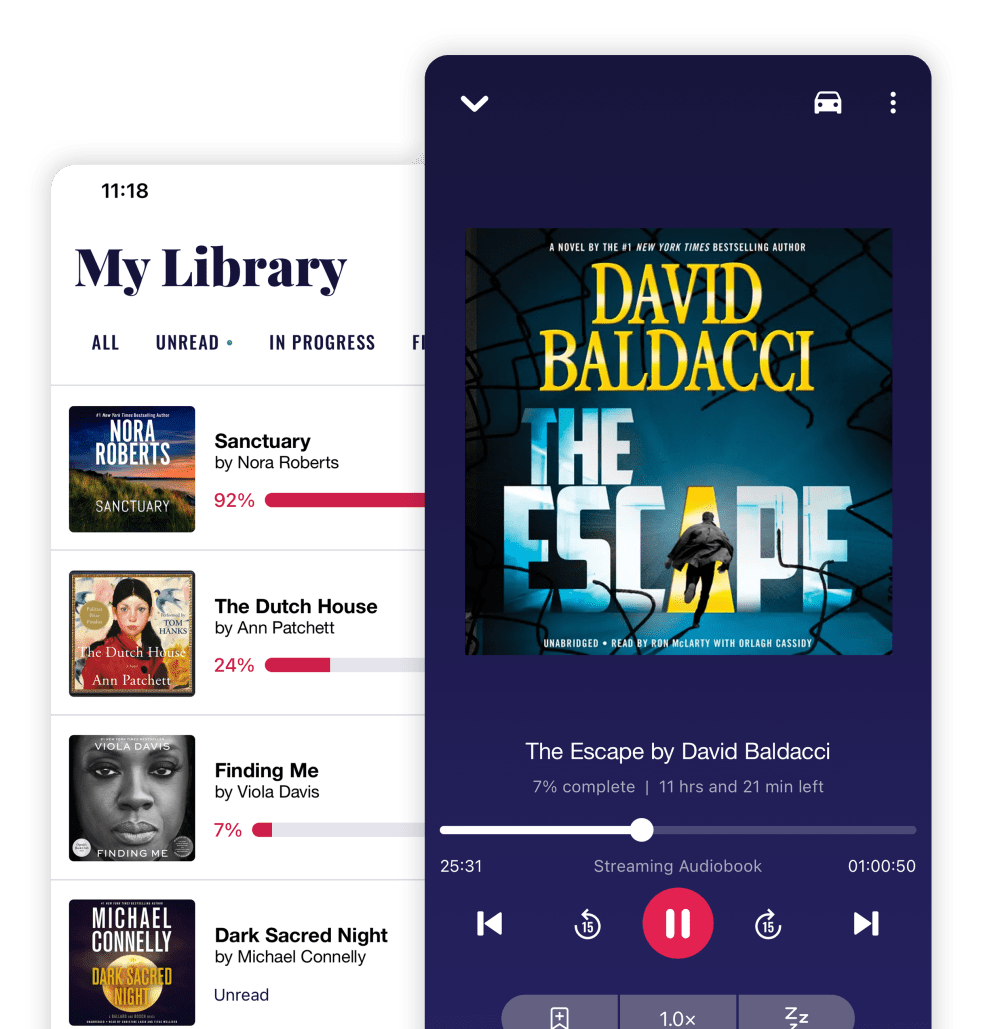 Chirp mobile app showing the library page and audiobook listening screens