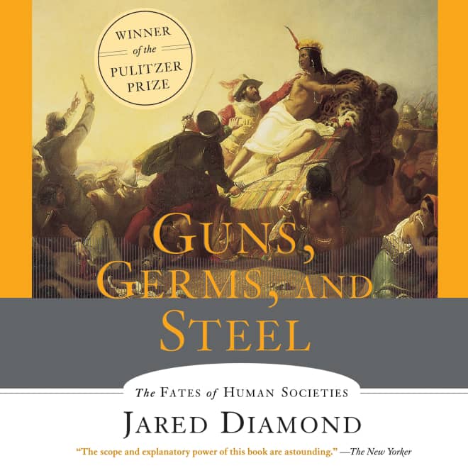 Book cover for Guns, Germs and Steel (Abridged) by Jared Diamond with hot deal banner