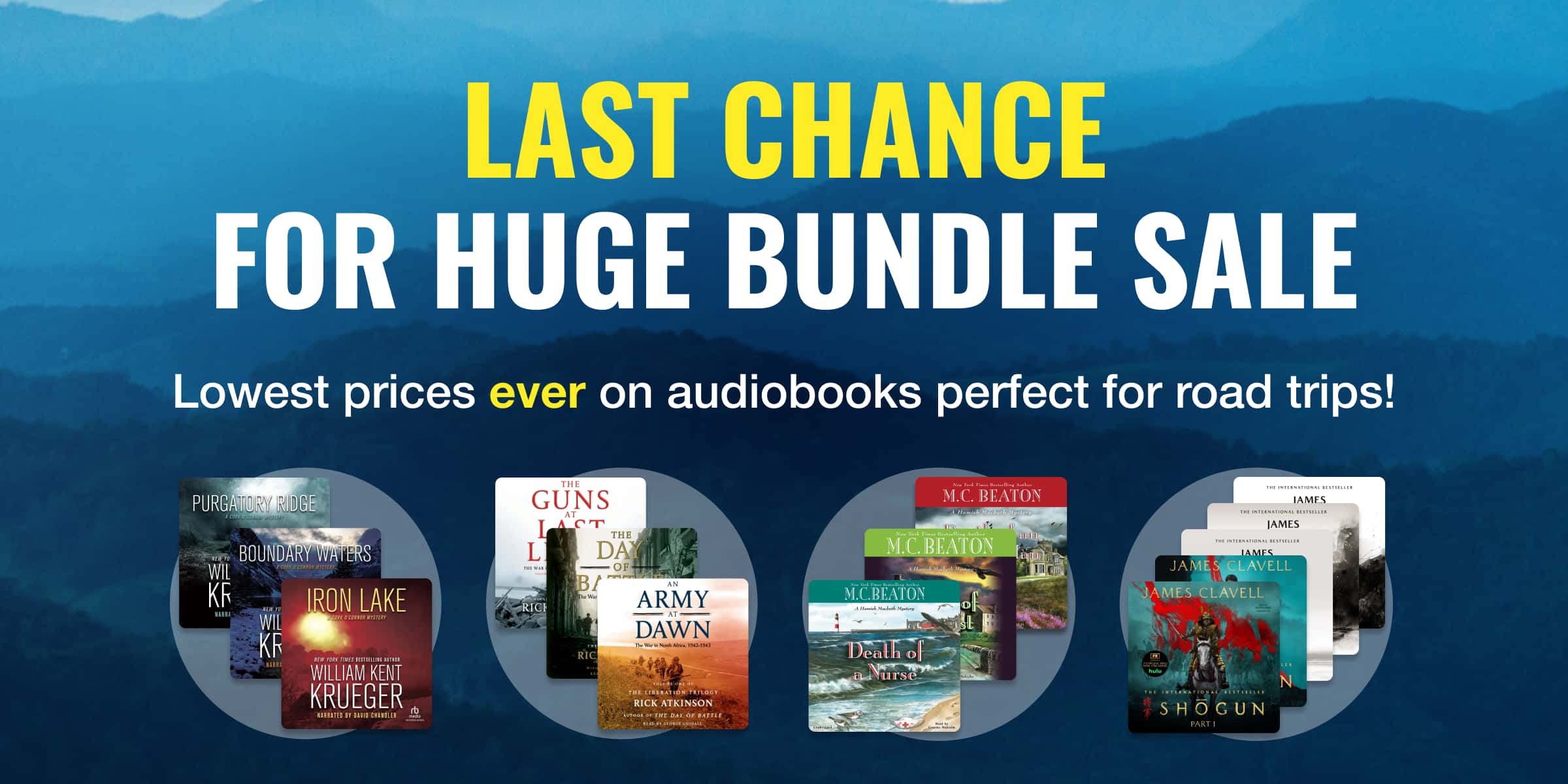 Last chance for our huge bundle sale — lowest prices ever on audiobooks perfect for road trips!